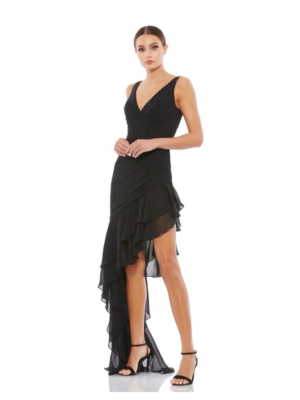 Mac Duggal Black Asymmetrical Ruffle V-Neck Dress NWT Size 2